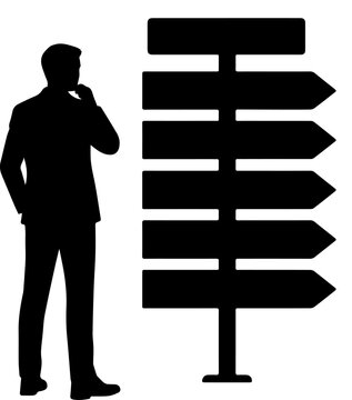 Silhouette of Thinking Businessman Standing in Front of Multi Directional Signpost Symbolizing Career Choices and Business Decision Making