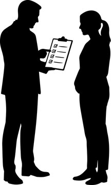 Silhouette of Businessman Reviewing Checklist on Clipboard with Woman Candidate or Client Vector Illustration