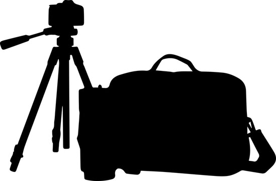 Black Silhouette of a Professional Digital Camera on a Tripod and a Camera Gear Bag Isolated on White Background