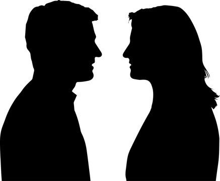 Silhouette of a Man and Woman Facing Each Other in Profile View