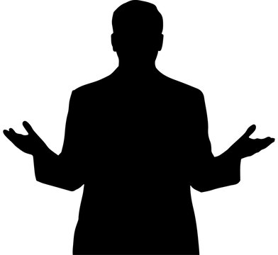 Silhouette of a businessman in a suit gesturing with open arms for a presentation or explanation isolated on white background