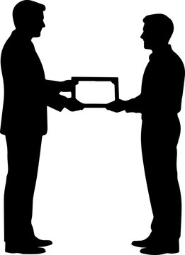 Black silhouette of a businessman presenting an award certificate to an employee on white background