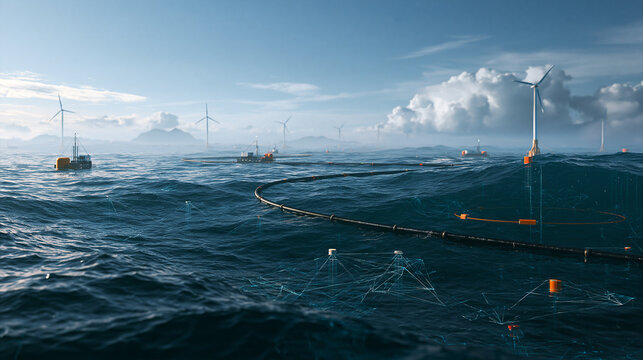 Offshore Ocean Cleanup Barrier System Collecting Plastic Waste at Sea   