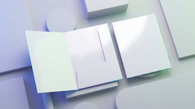 Blank White Pocket Folder Mockup On Abstract Geometric Background With Soft Lighting And Glossy Finish