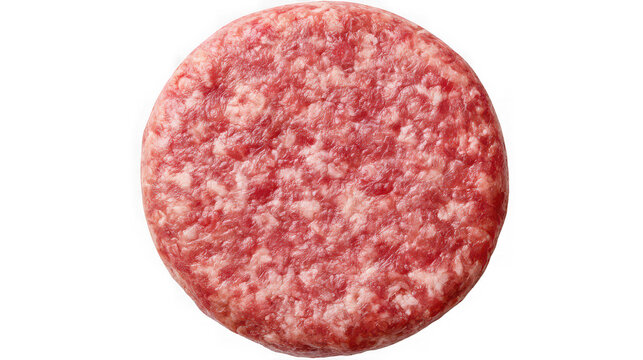 Raw beef patty isolated on a clean transparent background with a seamless texture showcasing its uncooked form, ready for grilling and cooking.