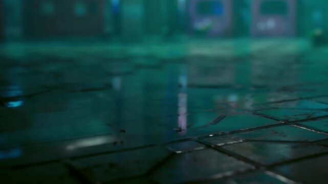 In a dimly lit space, cracked tiles stretch across the ground, reflecting haunting blue hues. Shadows linger in the corners, hinting at mysteries left behind in this abandoned setting.