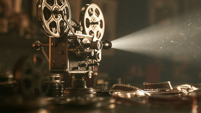 Vintage Movie Projector Casting Beam of Light with Film Reels   