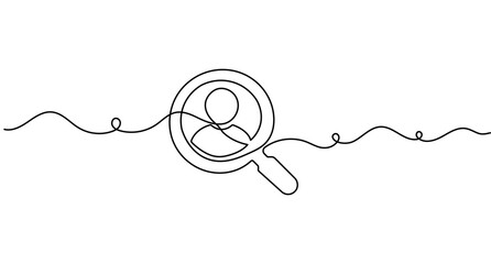 Fototapeta premium User search line art depicting a magnifying glass with person avatar continuous line drawing and editable stroke isolated on white.