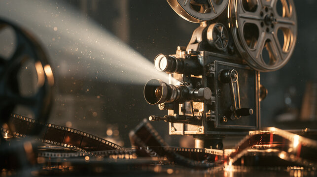 Vintage Movie Projector Casting Beam of Light with Film Reels   