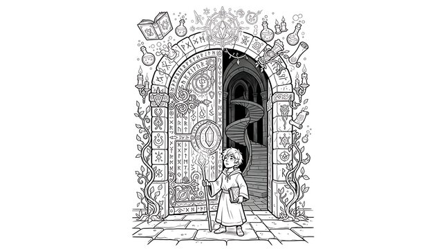 Coloring page of a young wizard holding a book and a staff standing before a large, ornate stone door covered in ancient runes and magic symbols