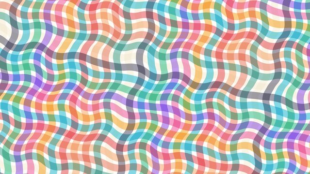 Abstract colorful wavy plaid seamless pattern, retro distorted checkered grid, groovy rainbow pastel background vector illustration
