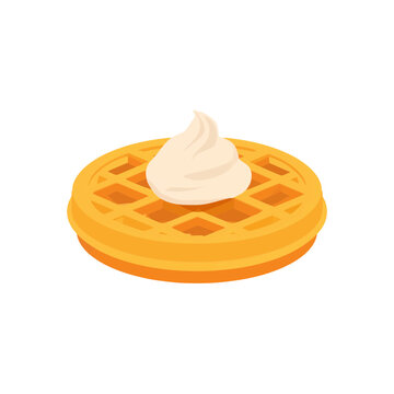 A single golden waffle topped with a dollop of fresh whipped cream in a simple flat vector illustration style isolated on transparent background, Vector