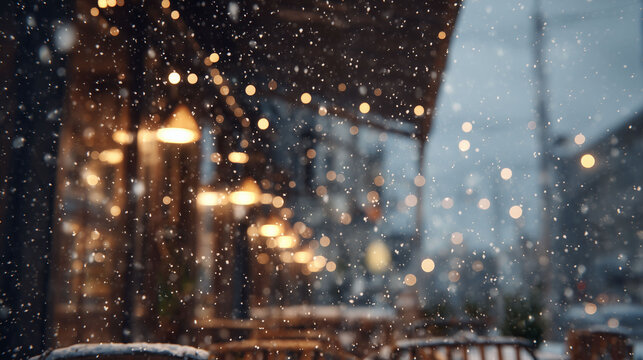 Falling Snow Effect over Outdoor Cafe with Golden String Lights in Winter Evening