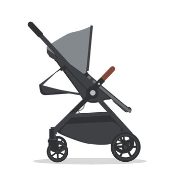 Modern baby stroller in black and gray color for newborn infant transportation isolated on transparent background, Vector