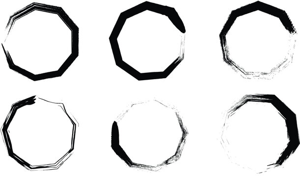 Set of black grunge decagon frame brush strokes isolated on white background for Japanese ink design