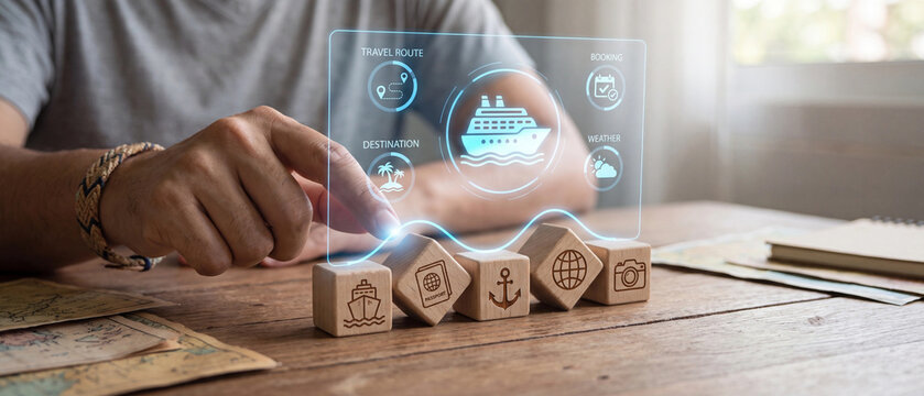 Man using interactive holographic screen displaying vacation options with wooden cubes on a table during sunny indoor daytime lighting