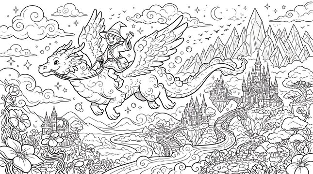 Coloring page of a young wizard riding a flying dragon over a landscape of floating islands, castles, and winding paths under a cloudy sky