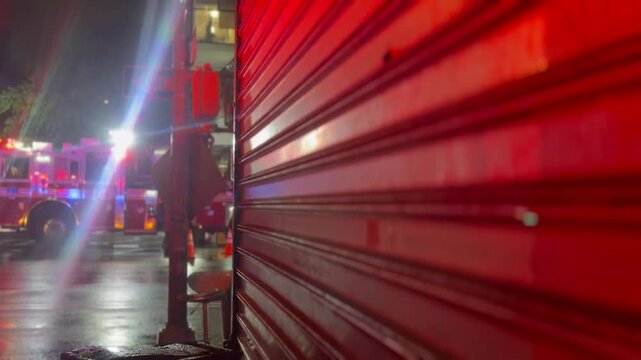 Cinematic close-up of a red metal roller door at night with urban street lights and reflections creating a moody atmosphere.
