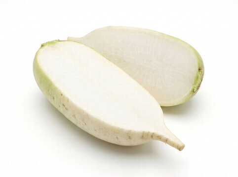 Fresh White Daikon Radish Halves Isolated on White Background, Raw Organic Asian Vegetable Ingredient for Healthy Eating