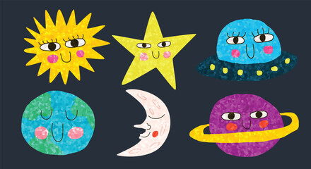 Cute Space Cartoon Set Featuring Sun, Star, UFO, Earth, Crescent Moon, and Saturn Planet for Kids Design © Lunsuk