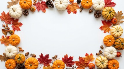 Fototapeta premium Autumn pumpkins and leaves decorative border arrangement