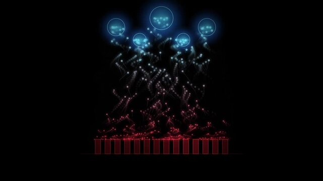 Blue glowing abstract particles rising with red texture background during night cinematic motion