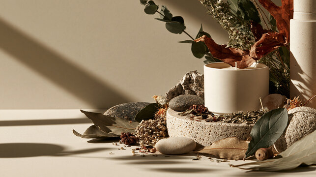Natural Organic Skincare Cosmetics Podium Display with Stones and Leaves   