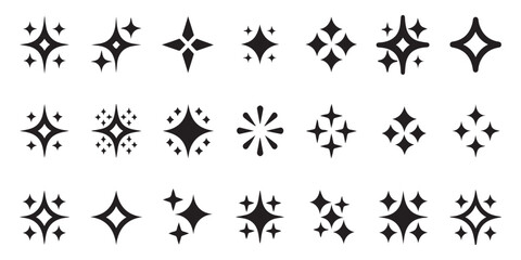 Fototapeta premium Minimalist black sparkle collection with diverse geometric twinkle shapes and clustered glitter symbols for elegant luxury brand decoration.
