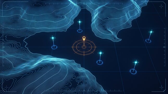 Top-down nadir UAV telemetry topographic lidar map contour elevation coastal estuary bluffs glowing cyan isolines digital terrain radar HUD interface navigation futuristic cartography satellite survey