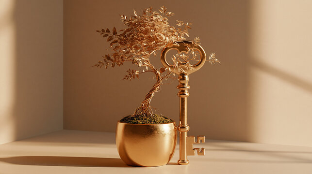 Potted Plant with Golden Skeleton Key Trunk Symbolizing Success Growth