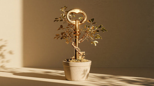 Potted Plant with Golden Skeleton Key Trunk Symbolizing Success Growth