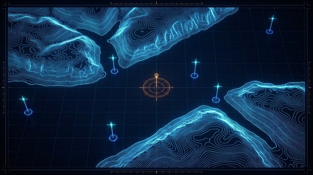 Top-down nadir UAV telemetry topographic lidar map contour elevation dendritic fjord passage glowing cyan isolines digital terrain radar HUD interface navigation futuristic cartography satellite