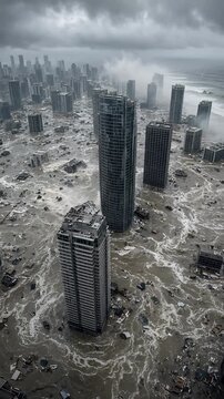 Aerial View of Urban Flooding with Skyscrapers Under Stormy Gray Skies and High Waves