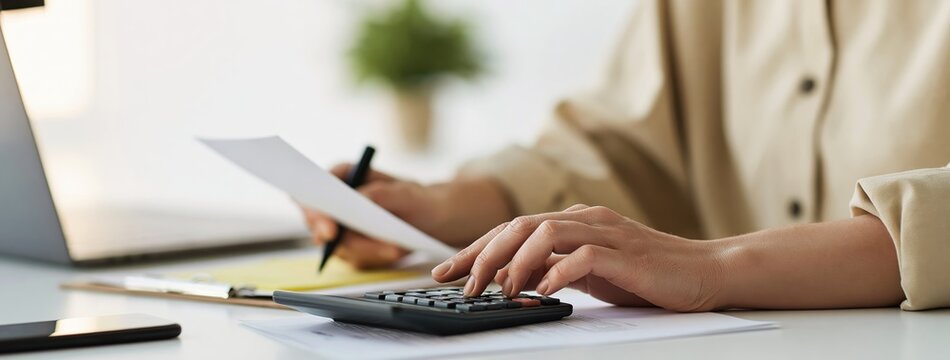 Accountant using a calculator for finance and business accounting data analysis for office budget and tax records