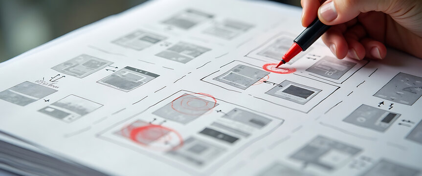 Close-up on user interface wireframe sketches being marked with red pen.