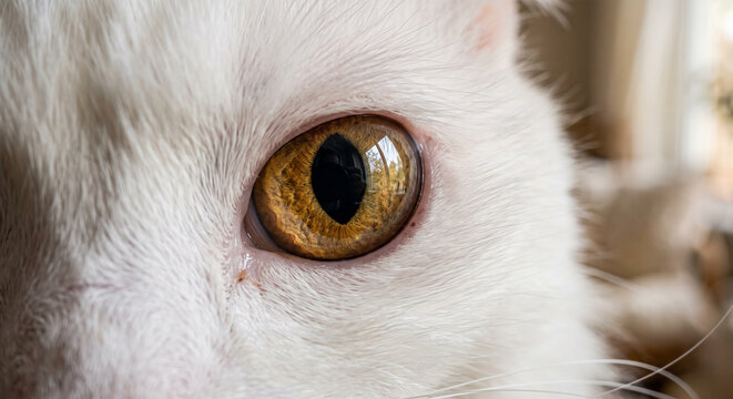 Extreme closeup of a cats eye with a vertical pupil and golden iris