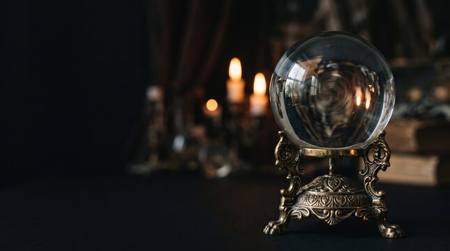 Crystal ball resting on ornate bronze stand featuring glowing candlelight within dark atmospheric fortune telling room
