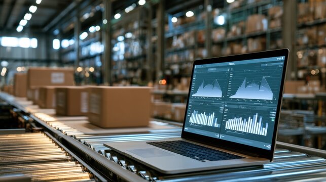 Laptop displaying warehouse inventory analytics on conveyor belt with blurred background of cardboard boxes and shelves in industrial storage facility
