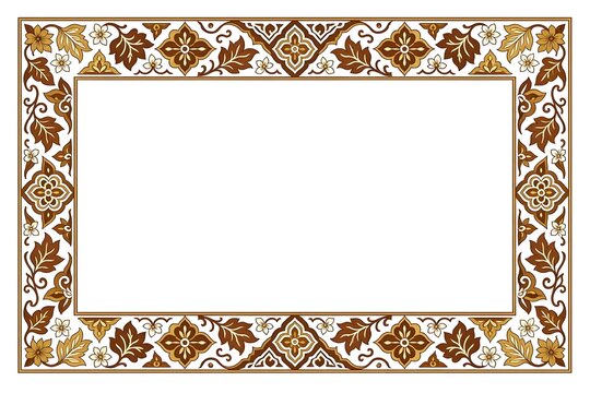 Traditional Rectangular Floral Border with Intricate Brown Gold Leaves and Floral Ornaments Isolated on White Background