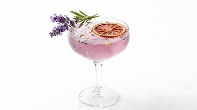 A lavender-hued mocktail in a vintage coupe glass garnished with fresh lavender, rosemary, and a dried blood orange slice.