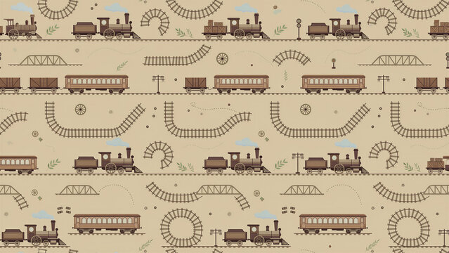 Seamless images featuring vintage trains, train sets, and various railway track layouts, including bridges and telegraph poles.