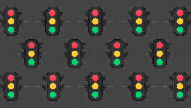 Seamless pattern of traffic lights (red, yellow, and green) arranged in an orderly manner.