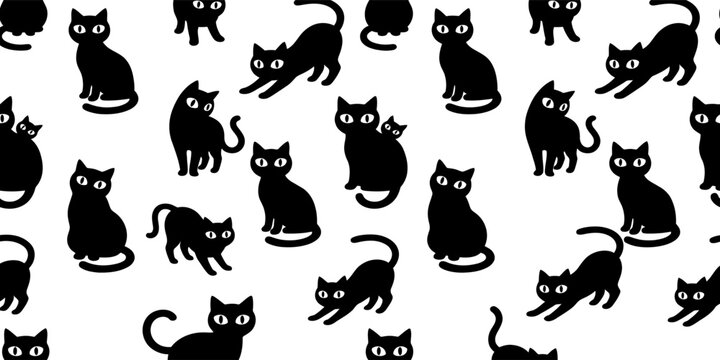 Black cat seamless pattern, vector cute black cats texture background for Halloween wrapping paper and textile print