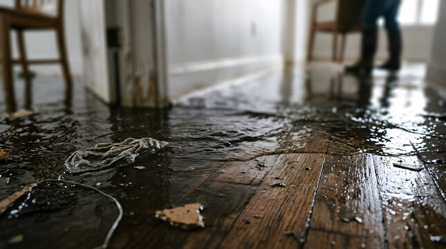 Water flooding damaged grunge dirty home floor from bad weather super el nino, Climate change impact