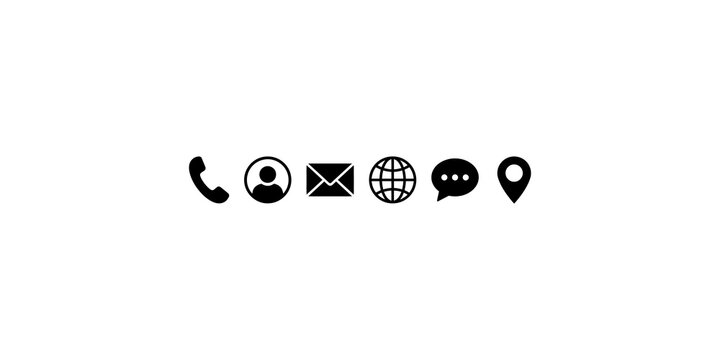 Collection of essential black contact information icons for communication and web interfaces.