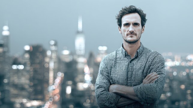 Look of resolve standing with crossed arms in front of cityscape, Resolute figure standing with arms crossed
