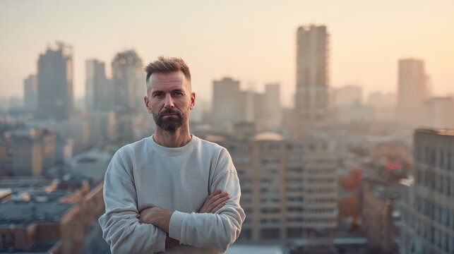 Look of resolve standing with crossed arms in front of cityscape, Resolute figure standing with arms crossed