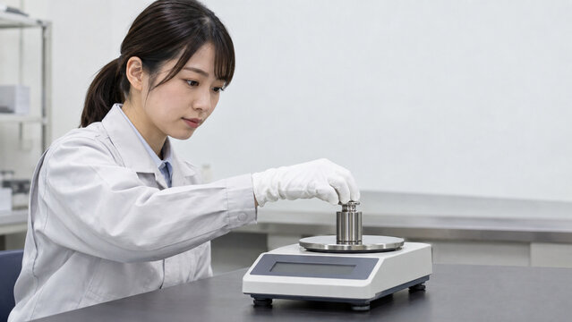 標準分銅を電子天びんに載せる校正担当者