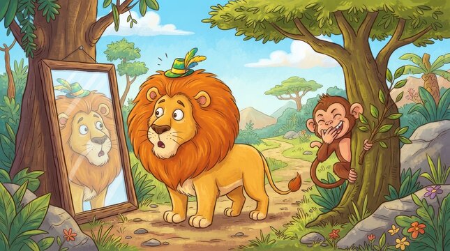 Cartoon lion looking at a mirror in a jungle with a laughing monkey