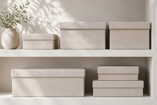 Plain storage boxes on a neutral shelf for home organization